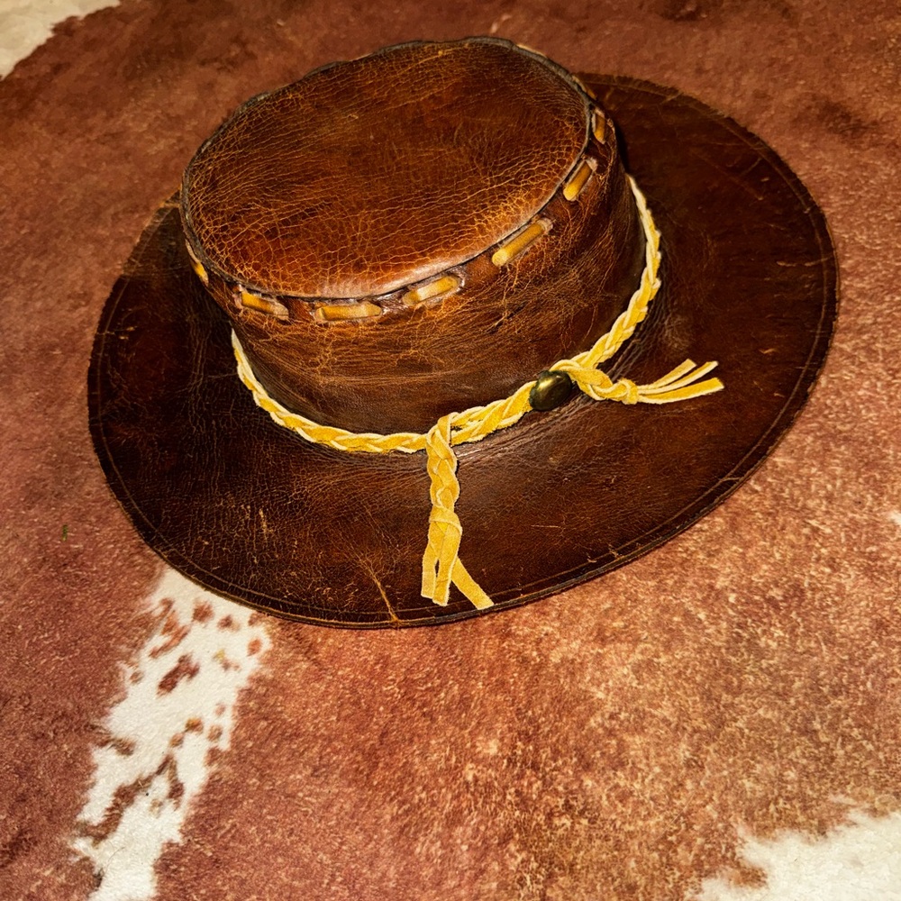 Brown Leather Cowboy Hat with Braided Accent